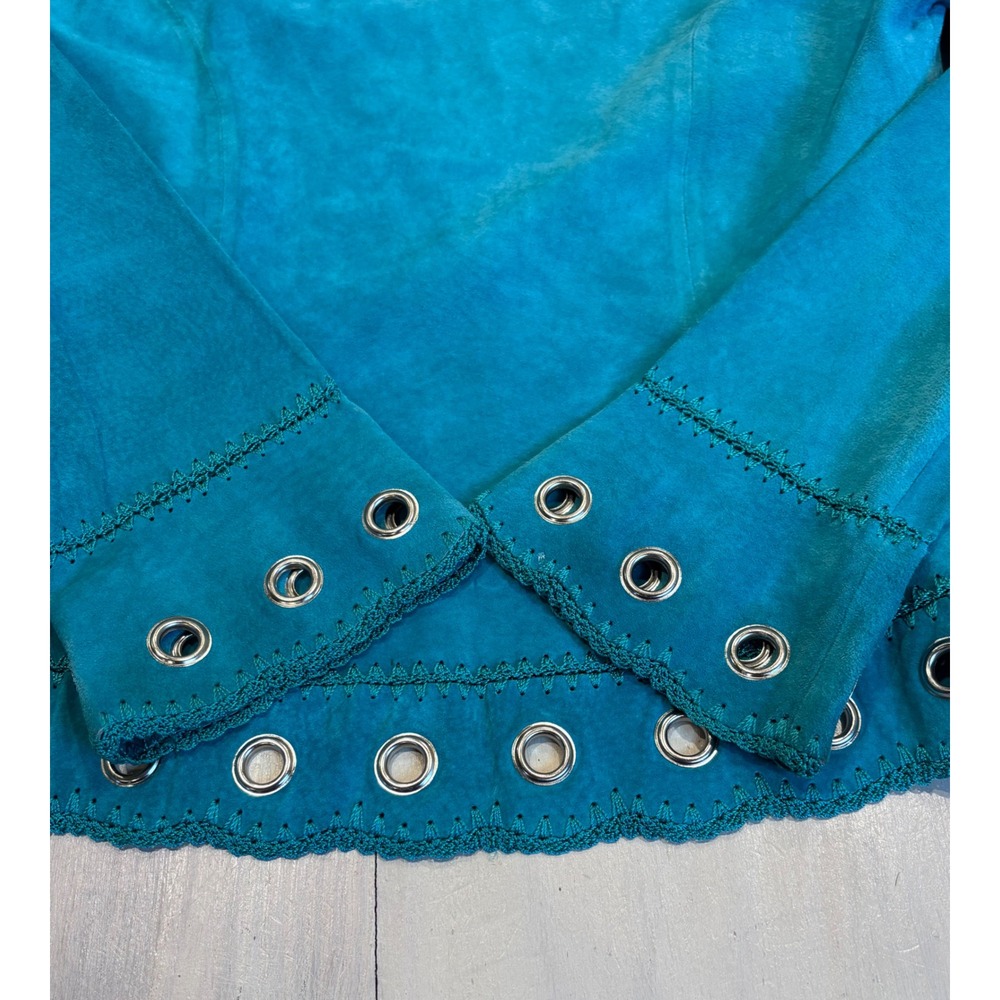 Cache Turquoise Blue Genuine Suede Leather Grommet Crochet Trim Jacket Medium - Picture 8 of 16